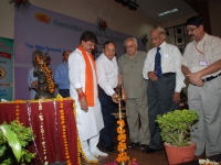Seeking blessings before the commencement of the Inauguration : The dignitaries light the sacred lamp. From L to R are the Chief Guest Shri Kailash Vijayavargiya, Honâ€™ble Minister for S & T, Govt. of M.P., Shri S.K. Srvastava, Prof. O.P. Varma, Prof. K.K. Singh, Former Vice Chancellar, Gwalior University, and Prof. Pramod K. Verma. 